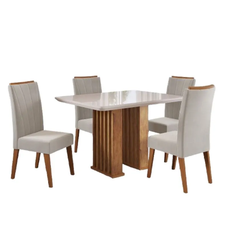 Conjunto de Mesa Sala de Jantar Ripado Tampo com Vidro Mond 1,20m 4 Cadeiras Sofia Madeirado Veludo