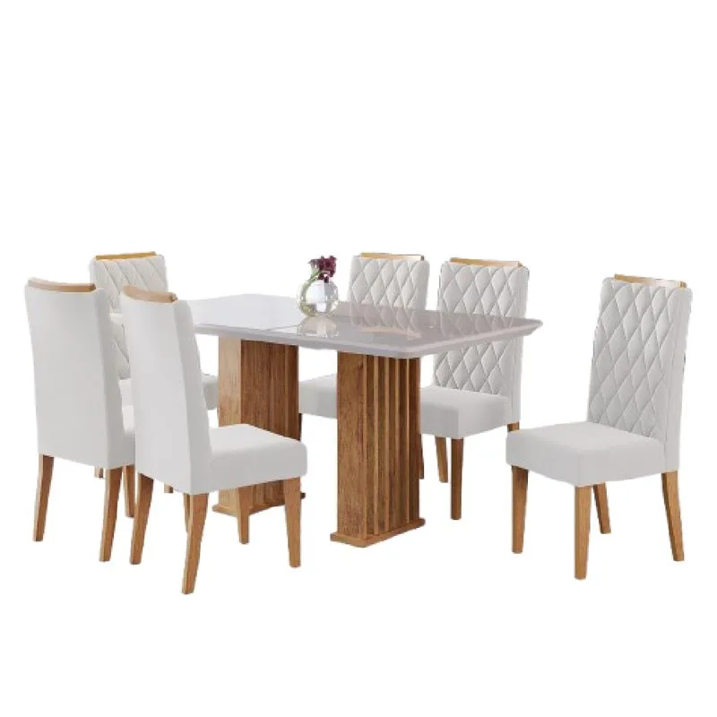 Conjunto de Mesa Sala de Jantar Ripada Tampo com Vidro Mond 1,60m 6 Cadeiras Bele Madeirado Veludo