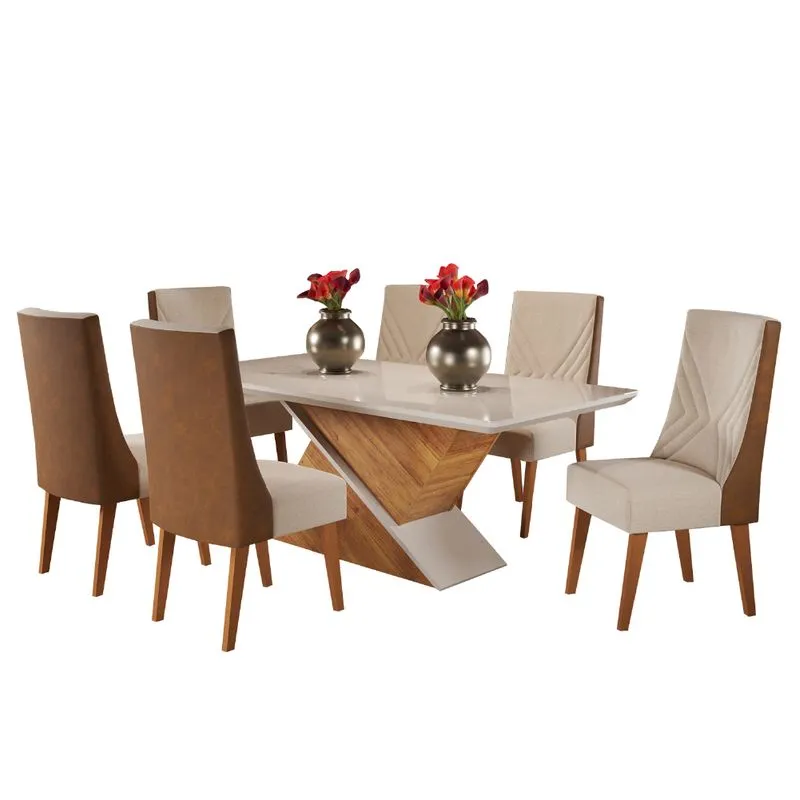 Conjunto de Mesa Sala de Jantar Tampo com Vidro Engel 1,80m 6 Cadeiras Tifany Madeirado Viero