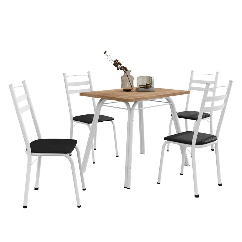 Conjunto de Mesa Sala de Jantar com 4 Cadeiras Tubular Tampo BP Madeirado Retangular