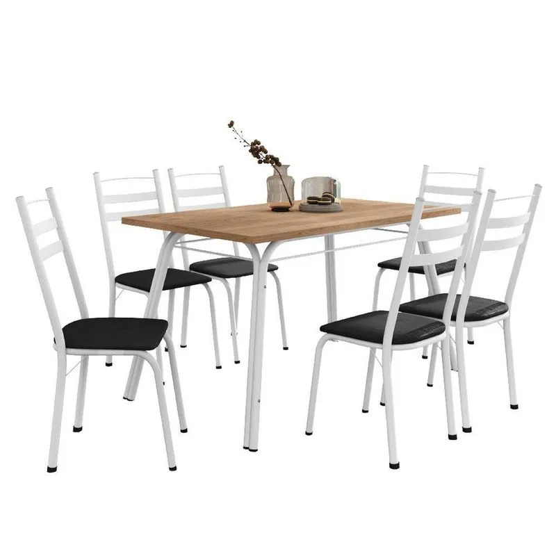Conjunto De Mesa Sala De Jantar Com 6 Cadeiras Tubular Tampo Bp Madeirado Retangular 1,36m Branco / Preto