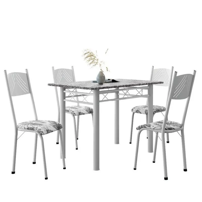 Conjunto De Mesa Sala De Jantar Sara Com 4 Cadeiras Tubular Granito 1,20m Artefamol Branco / Floral