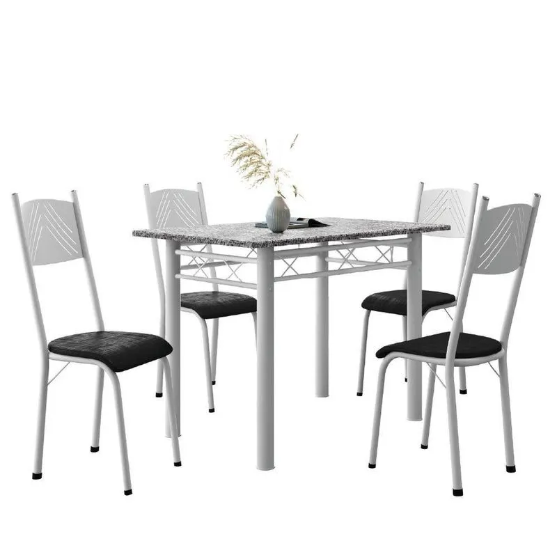 Conjunto De Mesa Sala De Jantar Sara Com 4 Cadeiras Tubular Granito 1,20m Artefamol Branco / Preto
