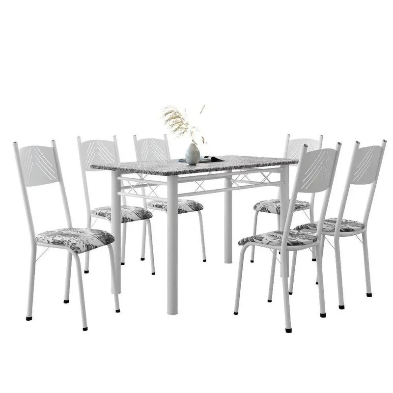 Conjunto De Mesa Sala De Jantar Sara Com 6 Cadeiras Tubular Granito 1,40m Artefamol Branco / Floral