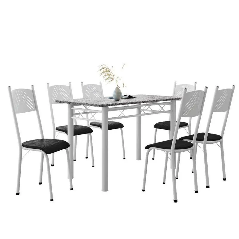Conjunto De Mesa Sala De Jantar Sara Com 6 Cadeiras Tubular Granito 1,40m Artefamol Branco / Preto