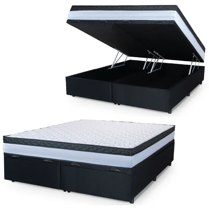Cama Box Baú Casal King Colchão Com Molas Ensacadas 193x203x63cm Dunas Branco/Preto Hellen