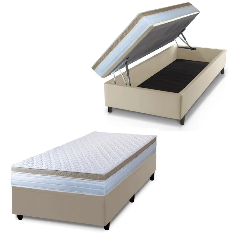 Cama Box Baú Solteiro Colchão Com Molas Ensacadas 88x188x63cm Dunas Branco/Bege Hellen