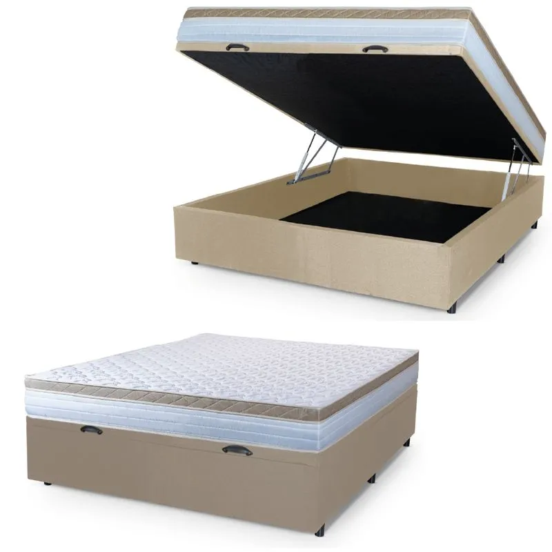 Cama Box Baú Casal Colchão Com Molas Ensacadas 138x188x63cm Dunas Branco/Bege Hellen