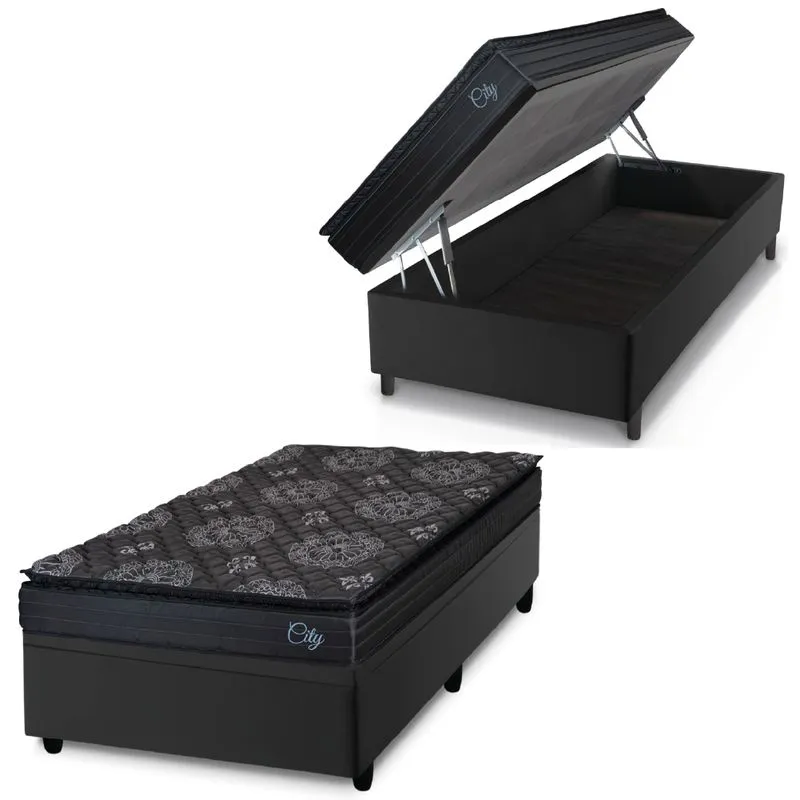 Cama Box Baú Solteiro Colchão Com Molas Ensacadas City Pillow Top 88x188x64cm Preto Hellen