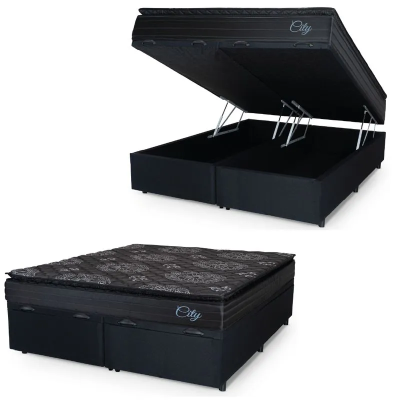 Cama Box Baú Casal Queen Colchão Com Molas Ensacadas City Pillow Top 158x198x64cm Preto Hellen