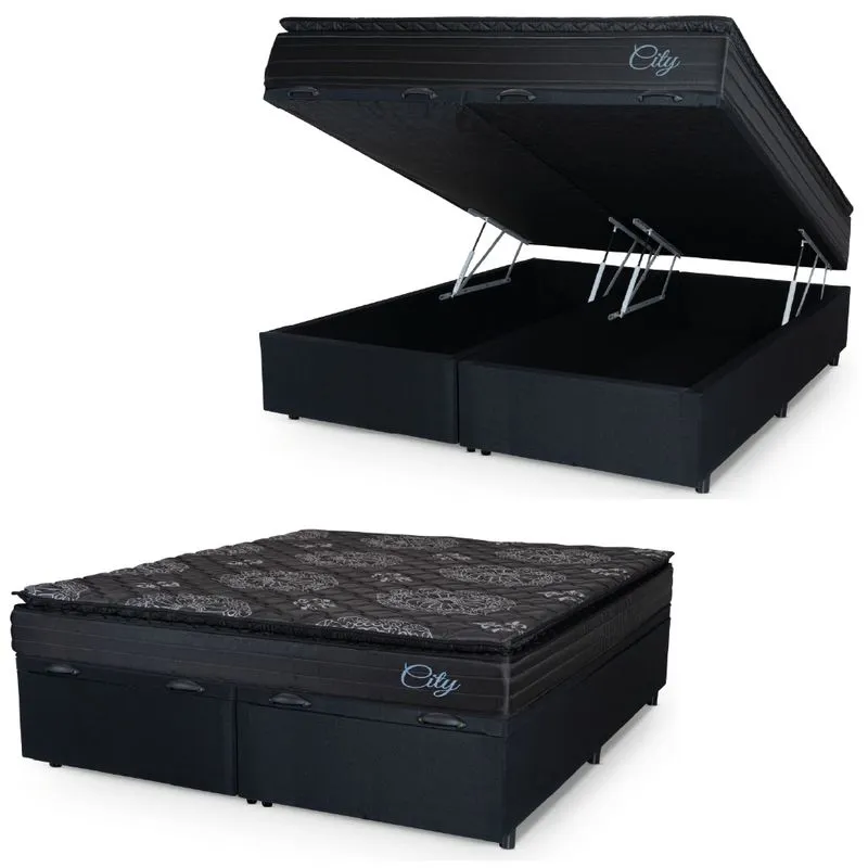 Cama Box Baú Casal King Colchão Com Molas Ensacadas City Pillow Top 193x203x64cm Preto Hellen