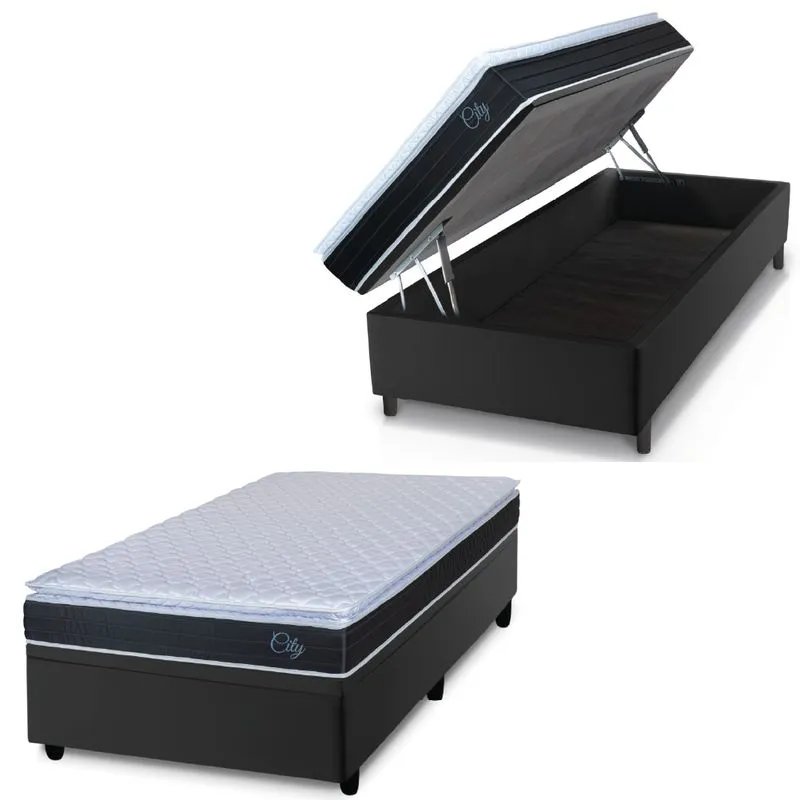 Cama Box Baú Solteiro Colchão Com Molas Ensacadas City Pillow Top 88x188x64cm Preto/Branco Hellen
