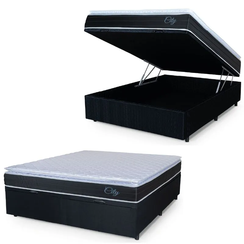 Cama Box Baú Casal Colchão Com Molas Ensacadas City Pillow Top 138x188x64cm Preto/Branco Hellen Pret/Branc