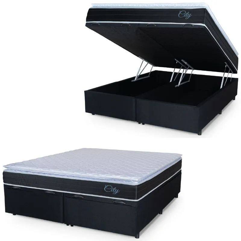 Cama Box Baú Casal Queen Colchão C/ Molas Ensacadas City Pillow Top 158x198x64cm Preto/Branco Hellen