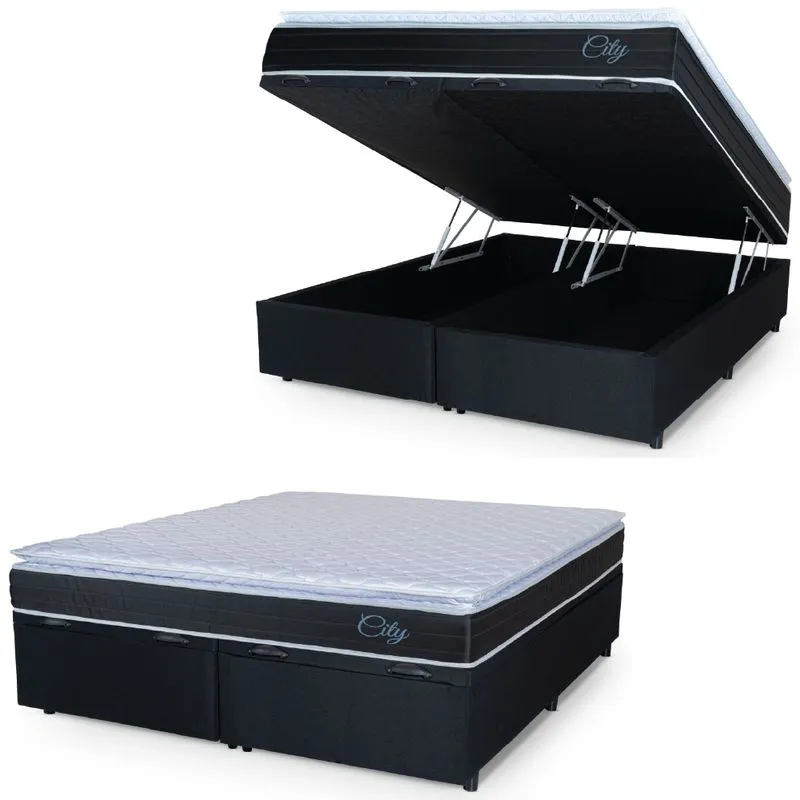 Cama Box Baú Casal King Colchão Com Molas Ensacadas City Pillow Top 193x203x64cm Preto/Branco Hellen