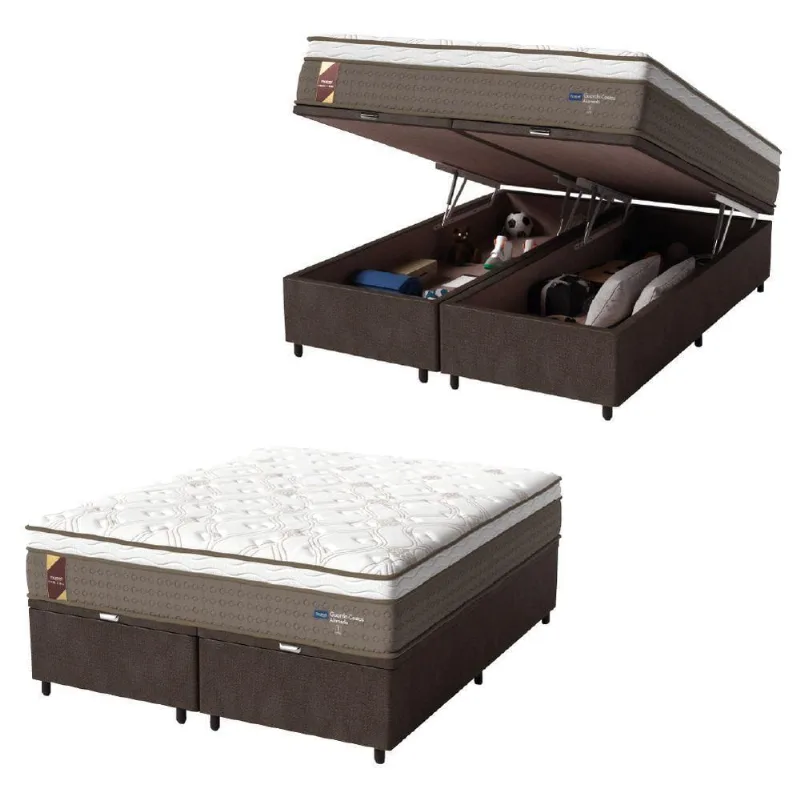 Cama Box Baú Casal Queen Colchão Molas Suede Marrom/Branco