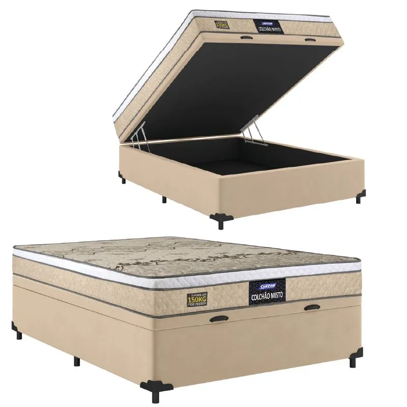 Cama Box Baú Casal Colchão Espuma D33 Fort Gazin 138x188x62cm Bege/Branco