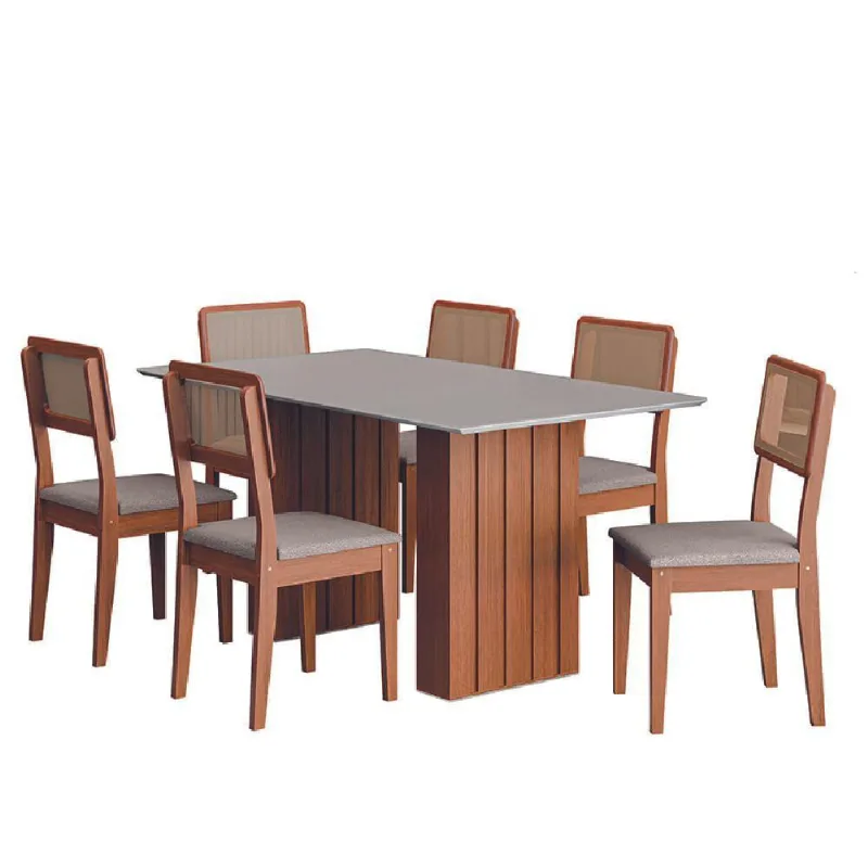 Conjunto De Mesa Sala De Jantar Ripada Tampo Com Vidro 1,60m 6 Cadeiras Santiago Dobuê Madeirado/off White