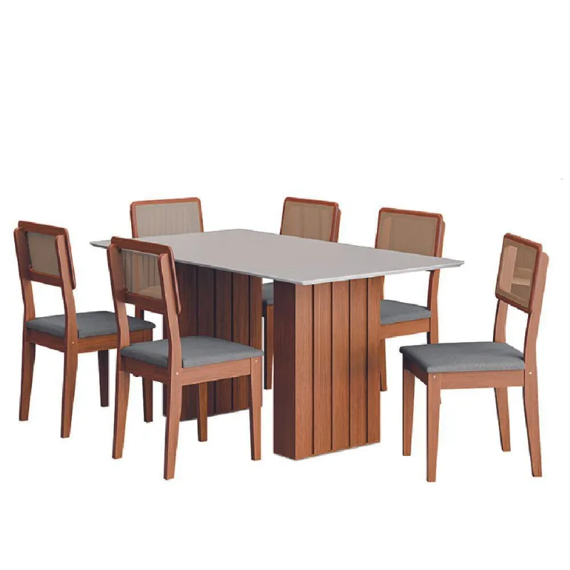 Conjunto De Mesa Sala De Jantar Ripada Tampo Com Vidro 1,60m 6 Cadeiras Santiago Dobuê Madeirado / Cinza