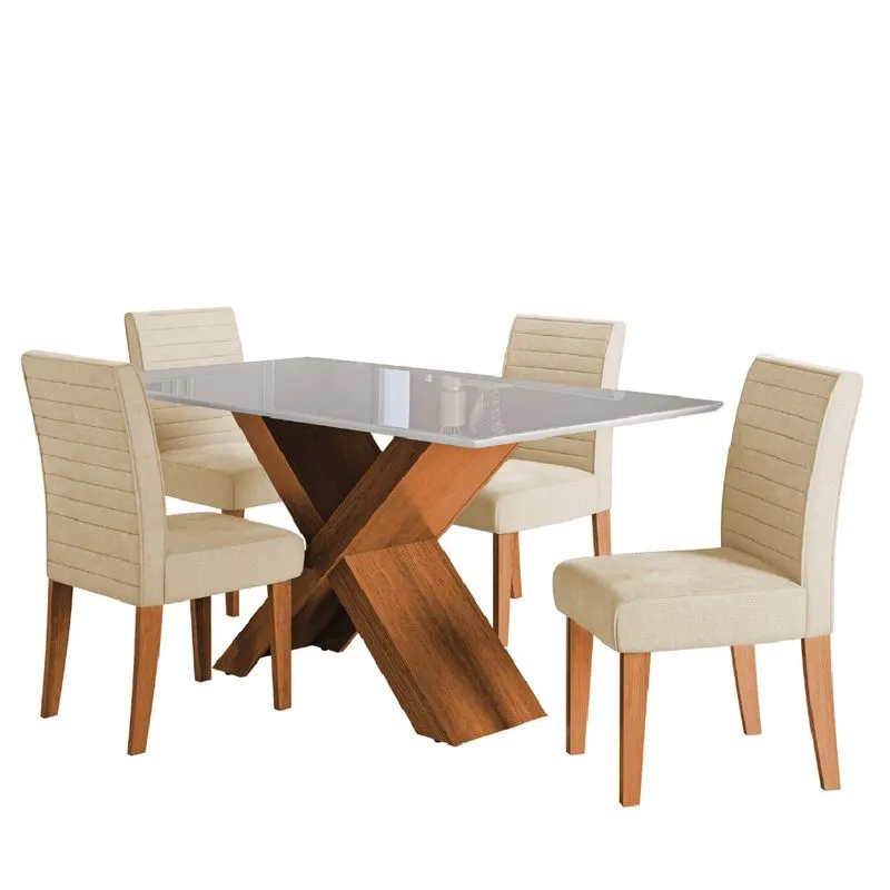 Conjunto de Mesa Sala de Jantar Tampo com Vidro 1,36m Grécia 4 Cadeiras Creta Dobuê