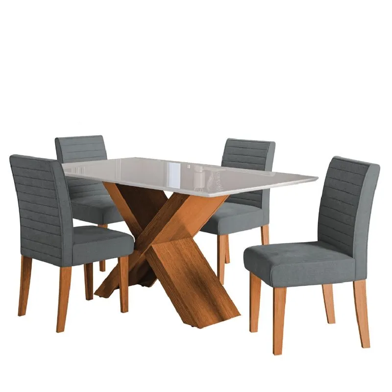 Conjunto de Mesa Sala de Jantar Tampo com Vidro 1,36m Grécia 4 Cadeiras Creta Dobuê