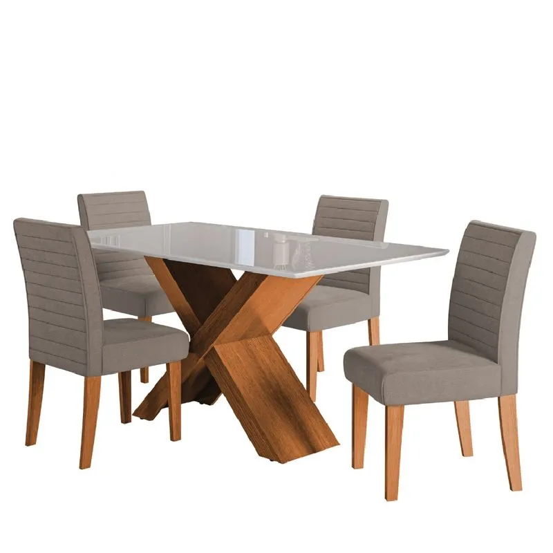 Conjunto de Mesa Sala de Jantar Tampo com Vidro 1,36m Grécia 4 Cadeiras Creta Dobuê