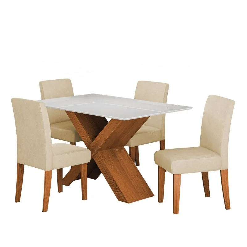 Conjunto de Mesa Sala de Jantar Tampo com Vidro 1,36m Grécia 4 Cadeiras Trieste Dobuê