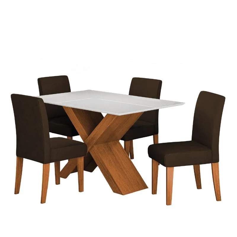 Conjunto de Mesa Sala de Jantar Tampo com Vidro 1,36m Grécia 4 Cadeiras Trieste Dobuê