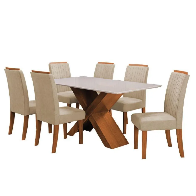 Conjunto De Mesa Sala De Jantar Tampo Com Vidro 1,60m 6 Cadeiras Grécia Dobuê Madeirado / Bege