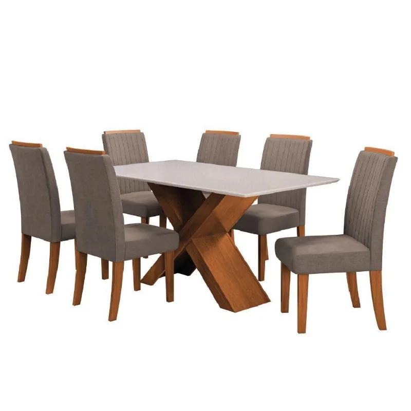 Conjunto De Mesa Sala De Jantar Tampo Com Vidro 1,60m 6 Cadeiras Grécia Dobuê Madeirado/mascavo