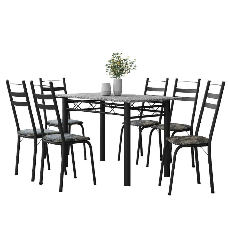 Conjunto De Mesa Sala De Jantar Leia Com 6 Cadeiras Tubular Granito 1,40m Artefamol Preto/Flor