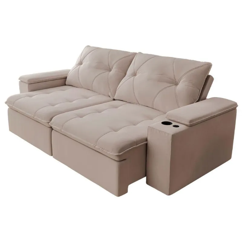 Sofá Retrátil E Reclinável 3 Lugares 2,12m C/ Porta Copos Entrada Usb Veludo San Diego Off White