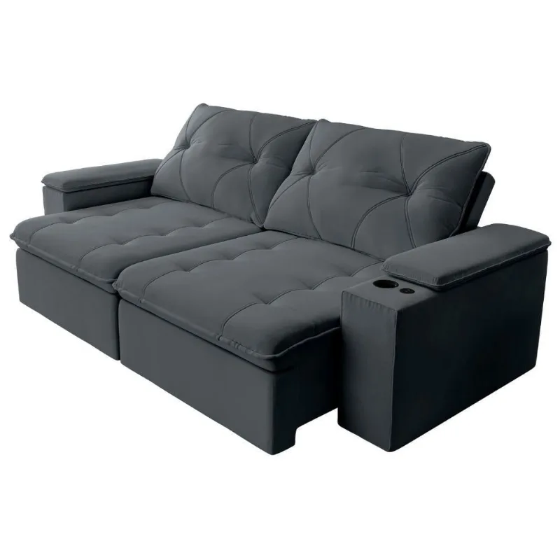 Sofá Retrátil E Reclinável 3 Lugares 2,12m C/ Porta Copos Entrada Usb Veludo San Diego Cinza