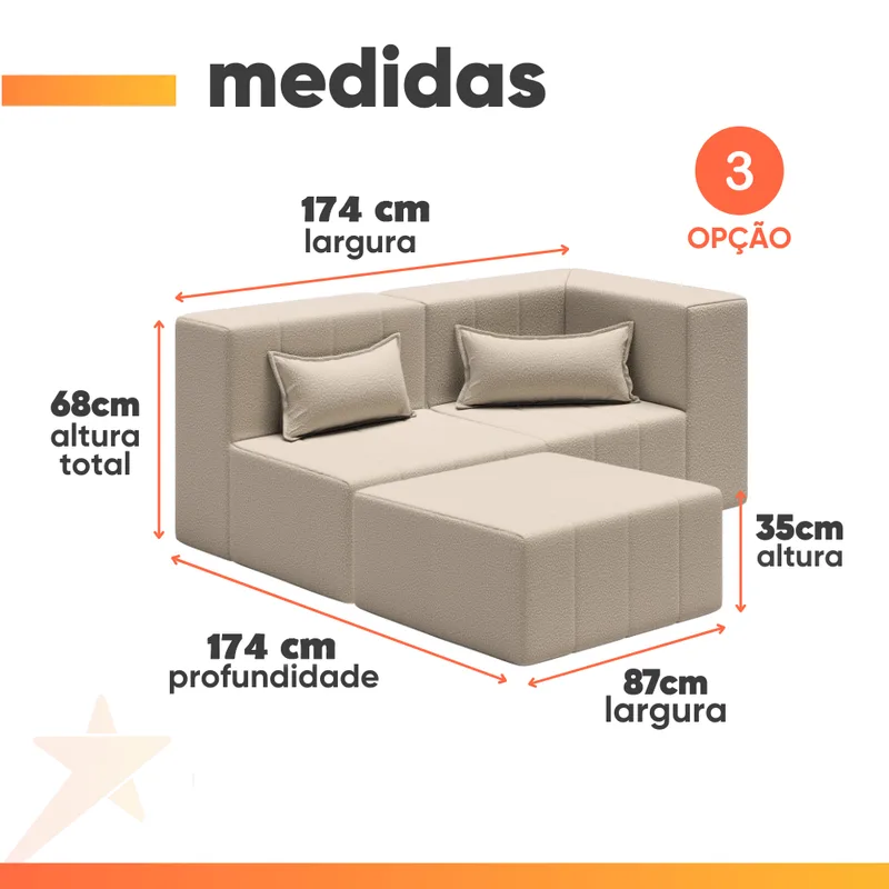 Sofá Puff Canto in Box Modular 3 em 1 Boucle - Smart Pack