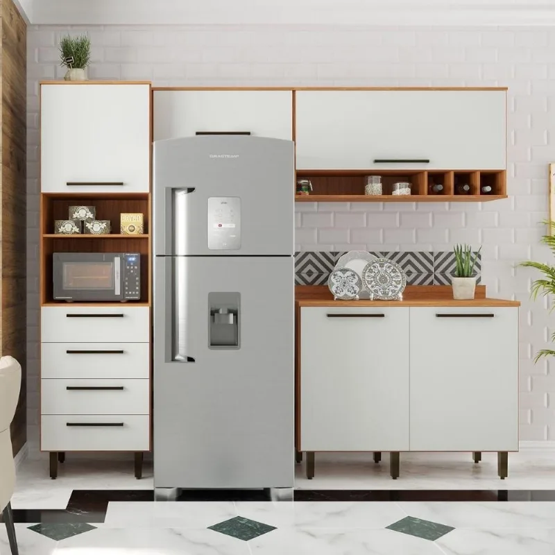 Armário De Cozinha Completa 5 Portas 4 Gavetas Grécia Madeirado/off White