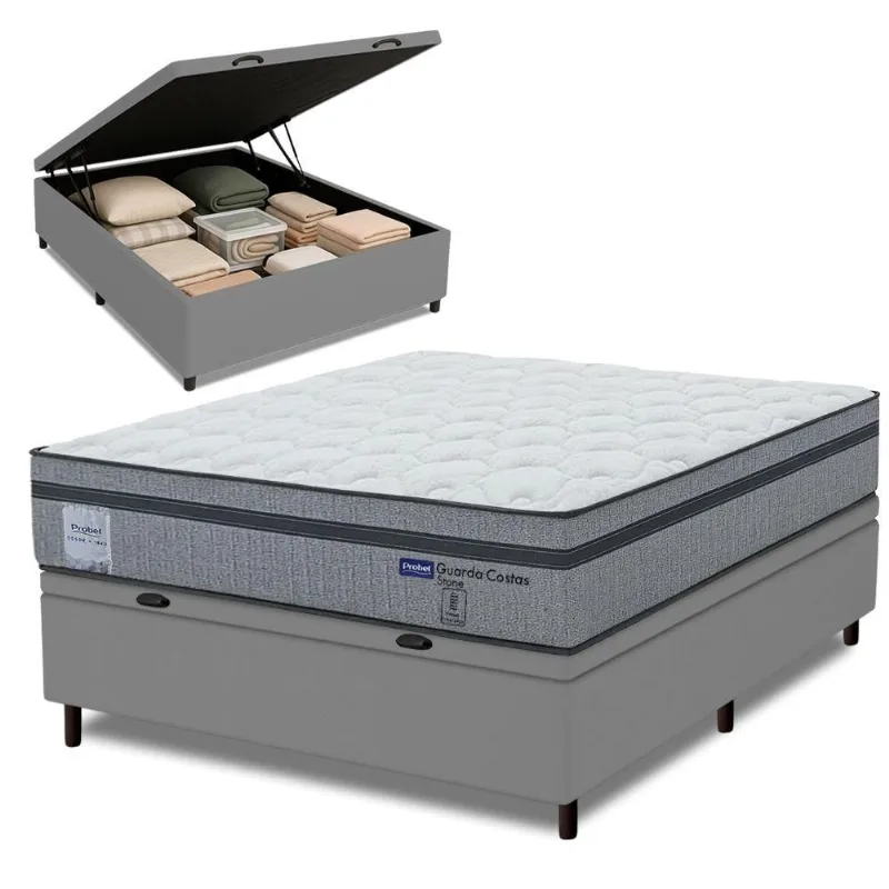 Cama Box Baú Casal Probel Molas Ensacadas Euro In 138x188x71cm Guarda Costas Stone Branco/cinza