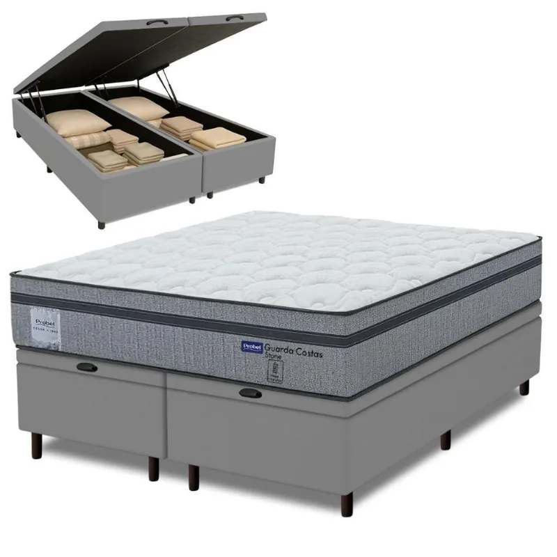 Cama Box Baú King Probel Molas Ensacadas Euro In 193x203x71cm Guarda Costas Stone Branco/cinza