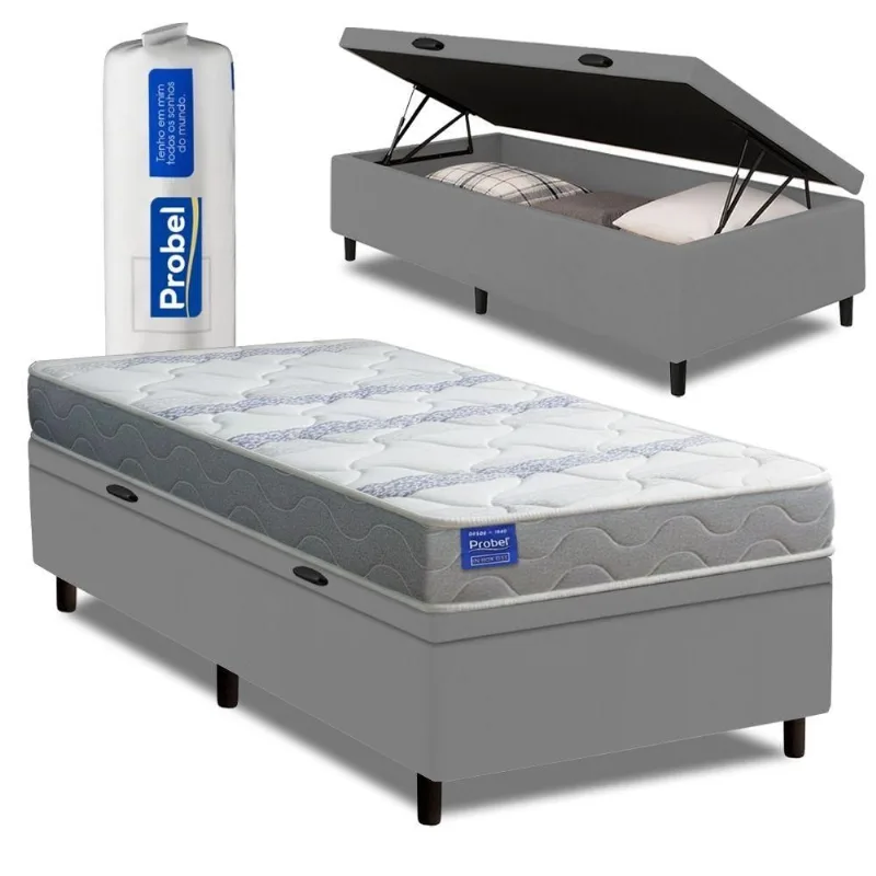 Cama Box Baú Solteiro Probel Espuma D33 88x188x55 Night Day A Vácuo Branco/cinza
