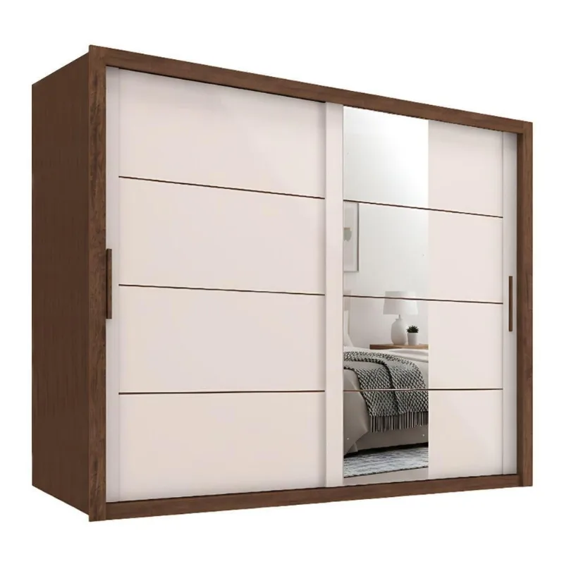 Guarda Roupas Casal Com Espelho 2 Portas De Correr 6 Gavetas Modena Madeirado-off White