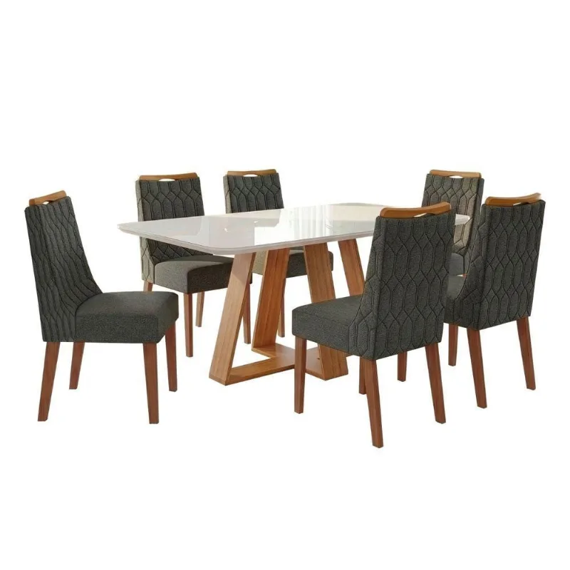 Conjunto Sala De Jantar Mesa Tampo Em Vidro 1,60m Maria 6 Cadeiras Bel Madeirado - Cinza
