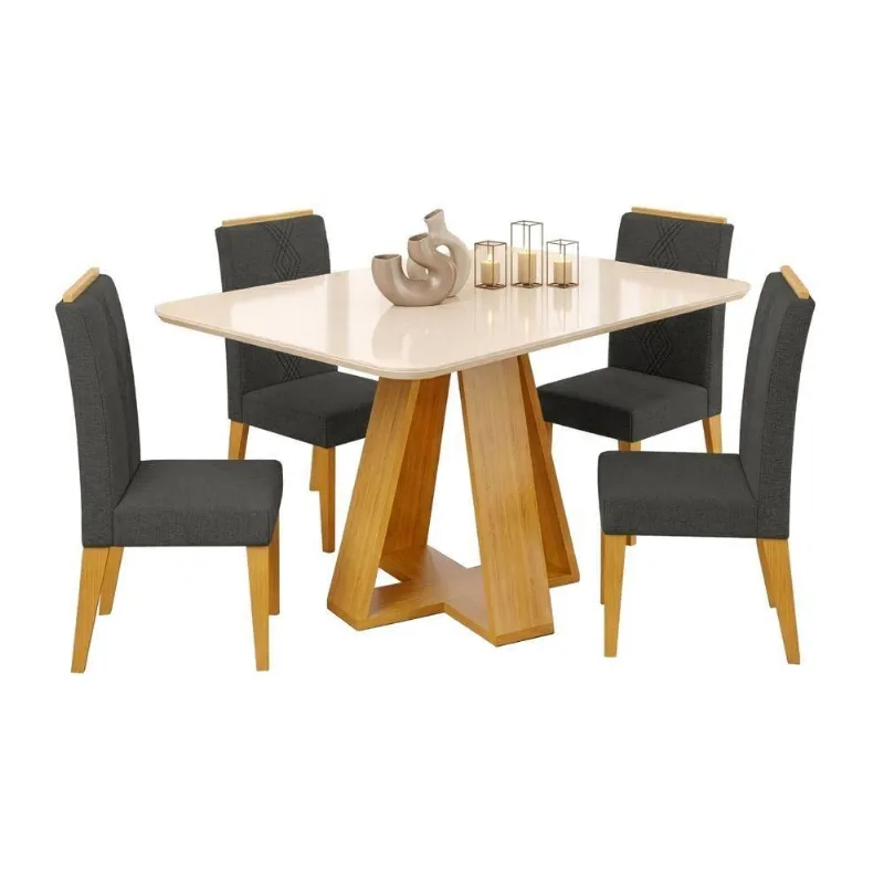 Conjunto Sala De Jantar Mesa Tampo Em Vidro 1,60m Maria 6 Cadeiras Tati Cedro - Cinza