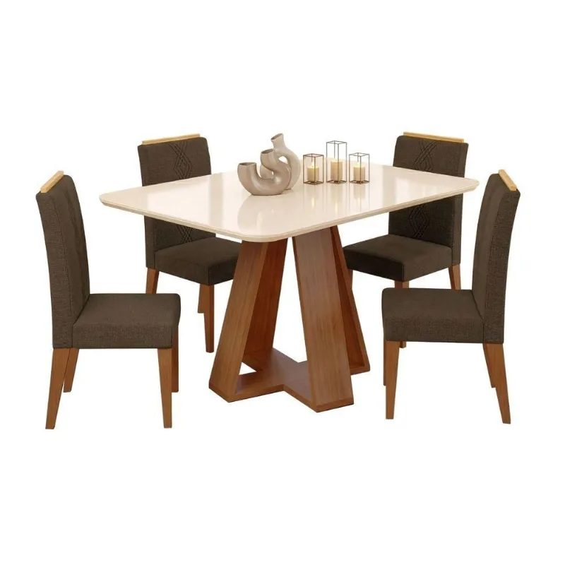 Conjunto Sala De Jantar Mesa Tampo Em Vidro 1,60m Maria 6 Cadeiras Tati Madeirado - Marrom