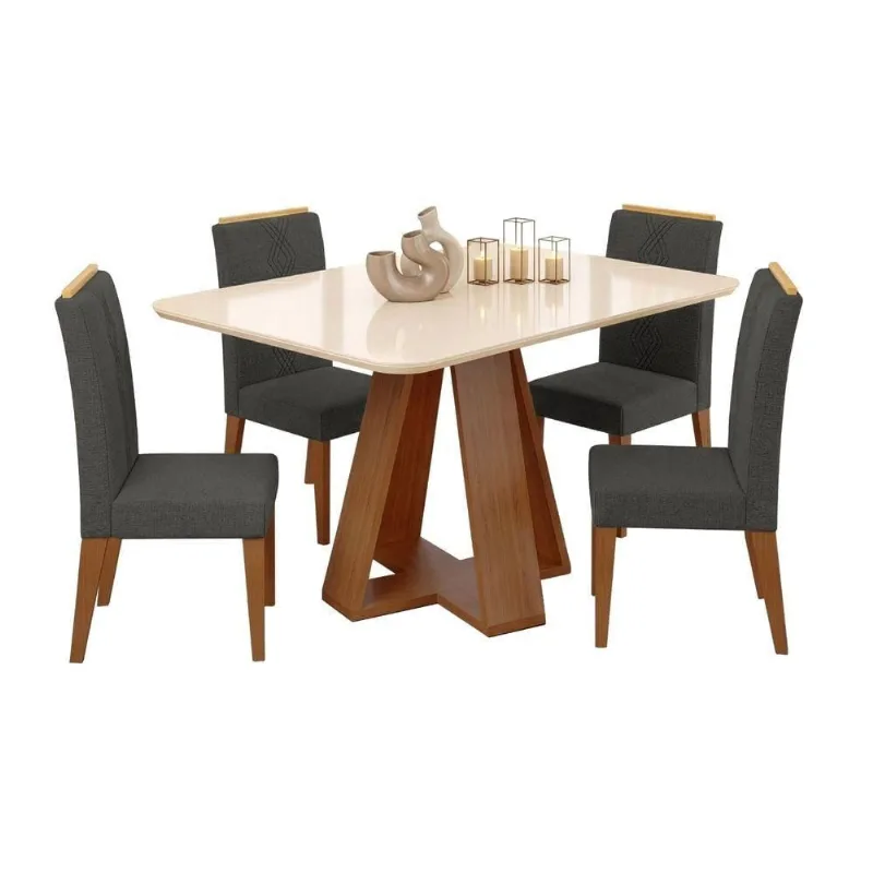 Conjunto Sala De Jantar Mesa Tampo Em Vidro 1,60m Maria 6 Cadeiras Tati Madeirado - Cinza