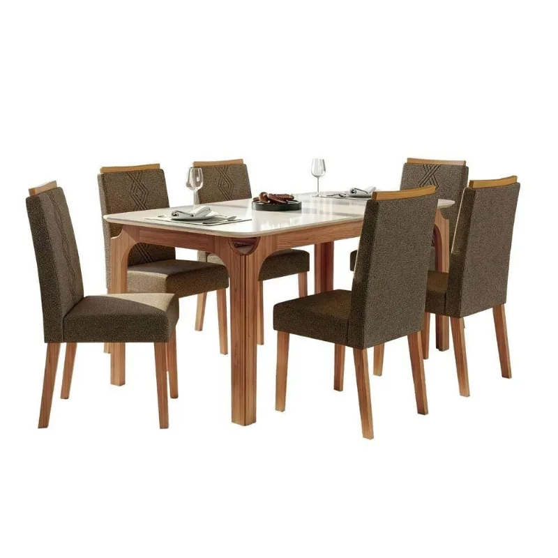 Conjunto Sala de Jantar Mesa Tampo em Vidro 160CM Mel 6 Lugares Cadeiras Tati Marrom DJ Móveis