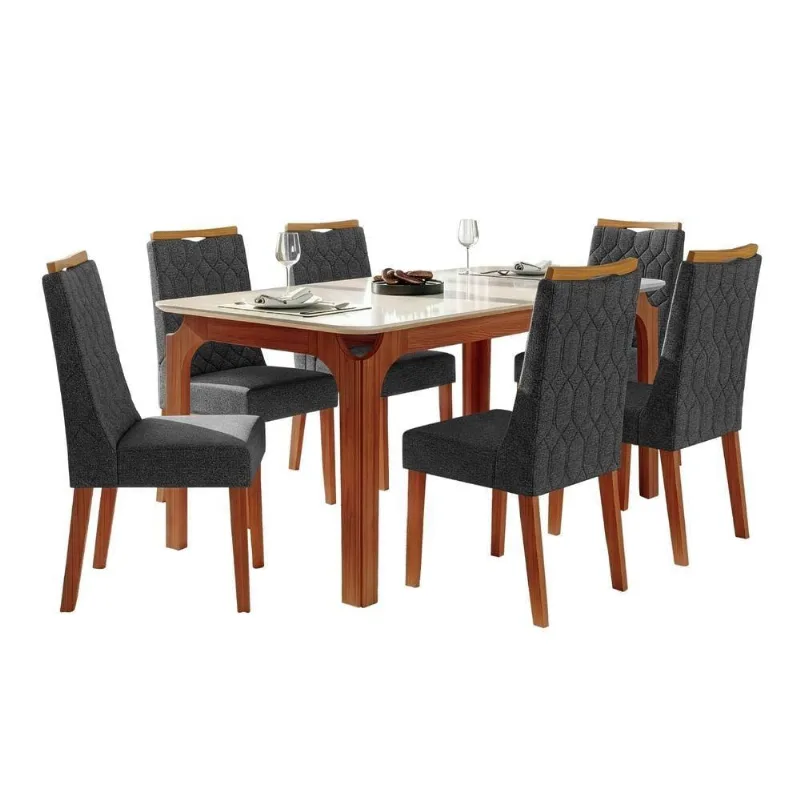 Conjunto Sala De Jantar Mesa Tampo Em Vidro 1,60m Mel 6 Cadeiras Bel Madeirado - Cinza