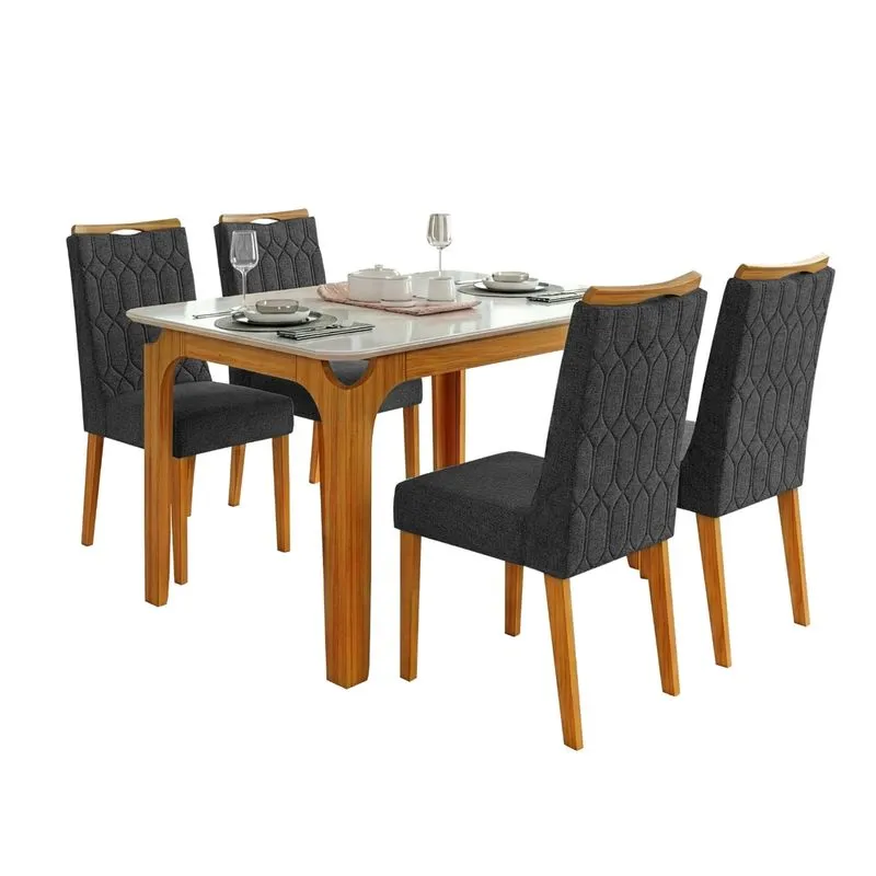 Conjunto Sala de Jantar Mesa Tampo em Vidro 1,20m Mel 4 Cadeiras Bel
