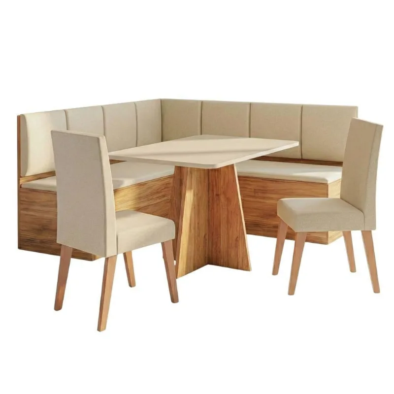 Conjunto Sala De Jantar Canto Alemão Com Mesa Moove E 2 Cadeiras Linho Creme Viero Madeirado / Creme