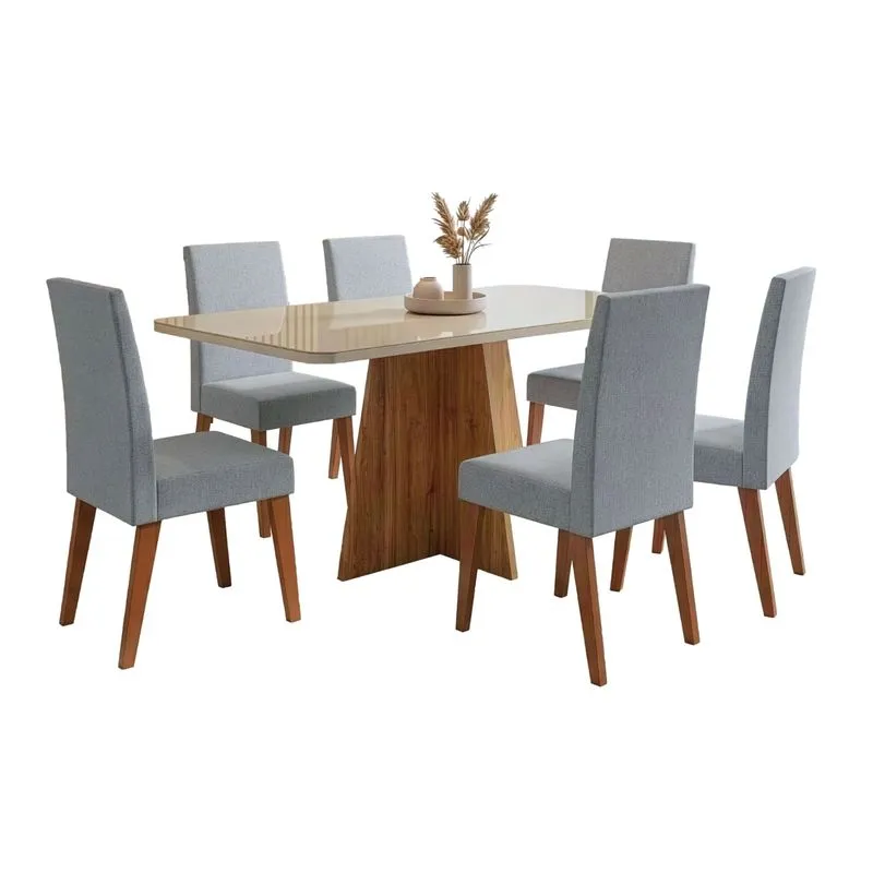 Conjunto Sala de Jantar Mesa 1,60m com vidro Anjos 6 Cadeiras Linho Milano Viero