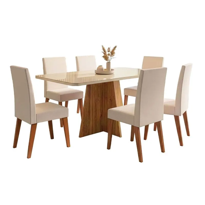 Conjunto Sala de Jantar Mesa 1,60m com vidro Anjos 6 Cadeiras Veludo Milano Viero
