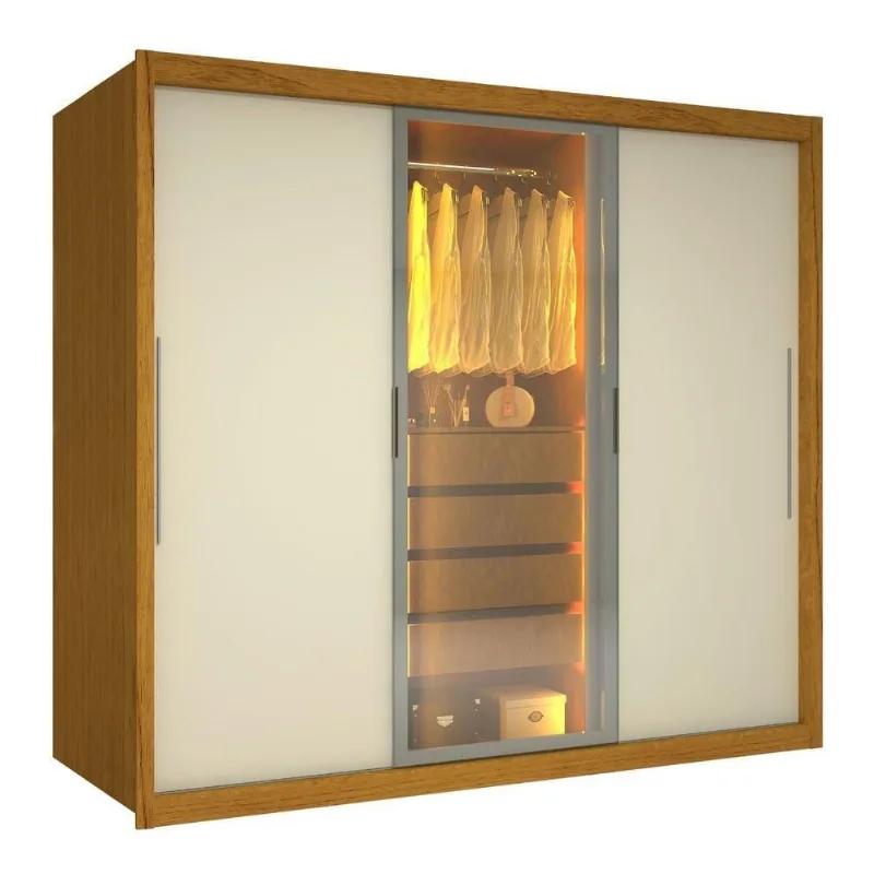 Guarda Roupas Casal 3 Portas De Correr 1 Com Vidro Reflecta 4 Gavetas 100% Mdf Lux Madeirado/off White